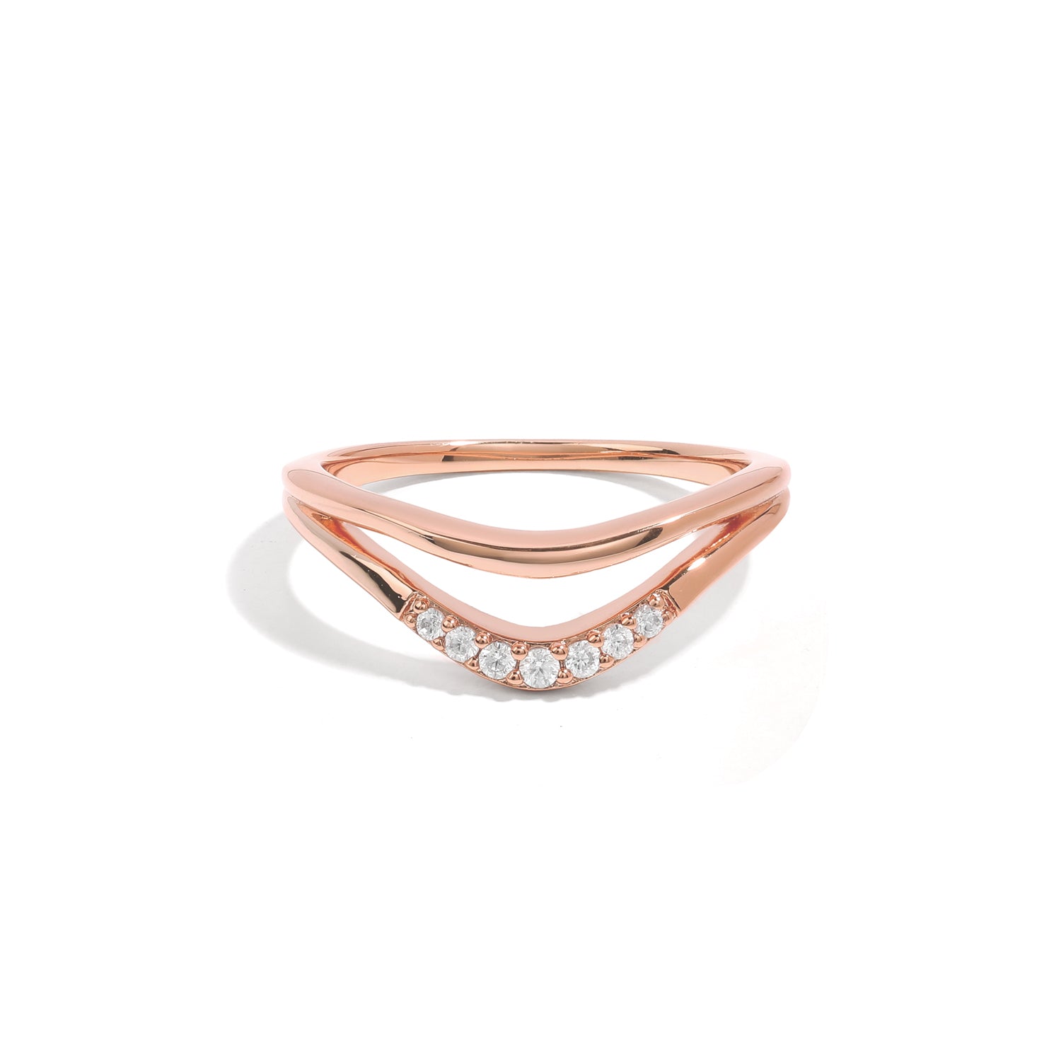 Elegant and minimalist ring. Rose gold double ring set with cubic zircona stones